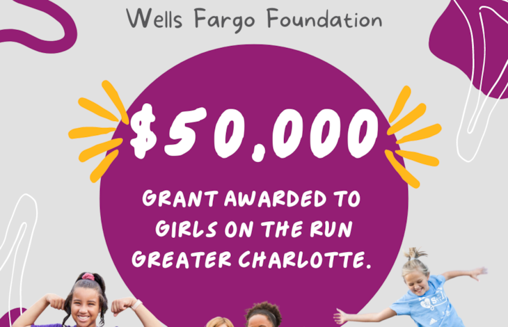 Give Girls on the Run girls smiling and posing with a headline that says “Thank you Wells Fargo Foundation—$50,000 Grant Awarded to Girls on the Run Greater Charlotte” with decorative elements.